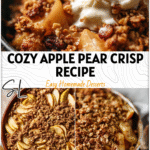Golden apple pear crisp with granola crumble topping baked in a rustic dish. 26